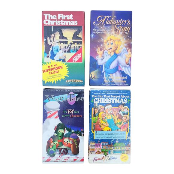 4 Faith Inspired VHS Tapes Superbook Alabaster's Song VeggieTales Etc. Christmas